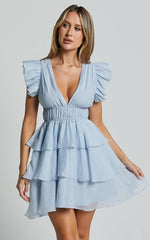 Elbertine Mini Dress - Flutter Sleeve Pleated Dress in Pale Blue