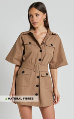 Elena Mini Dress - Wide Sleeve Utility Dress in Mocha