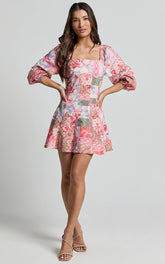 Enya Mini Dress - Puff Sleeve Empire Waist Dress in Floral Mosaic Print