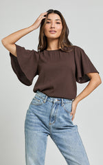 Enzo Top - Flutter Sleeve Scoop Neck Top in Dark Oak