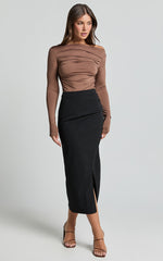 Fabia Top - Asymmetrical Off Shoulder Ruched Top in Mocha