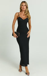 Fayette Midi Dress - V Neck Slip Dress in Black