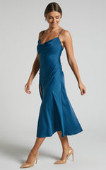 Flordeliza Midi Dress - Cowl Neck Thigh Slit Slip Dress in Steel Blue