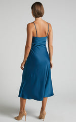Flordeliza Midi Dress - Cowl Neck Thigh Slit Slip Dress in Steel Blue