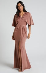 Gemalyn Maxi Dress - Angel Sleeve V Neck Split Dress in Dusty Rose