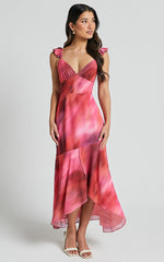 Gillian Midi Dress - Flutter Sleeve Low Back Ruffle Detail Dress in Blushing Haze