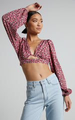 Glenda Blouse - Puff Sleeve Cut Out Open Back Blouse in Red Floral