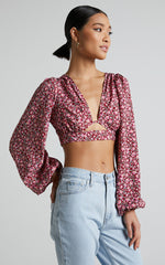 Glenda Blouse - Puff Sleeve Cut Out Open Back Blouse in Red Floral