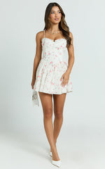 Haley Mini Dress - Tie Sleeve Sweetheart Drop Waist Gathered Skirt Dress in Cream