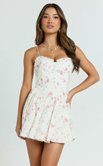 Haley Mini Dress - Tie Sleeve Sweetheart Drop Waist Gathered Skirt Dress in Cream