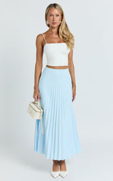 Harlee Midi Skirt - Pleated High Waist A Line Skirt in Pastel Blue