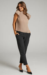Harlow Top - High Neck Pleated Workwear Top in Beige