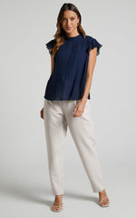 Harlow Top - High Neck Pleated Workwear Top in Navy
