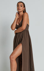 Haydie Maxi Dress - V Neck Thigh Split Dress in Chocolate