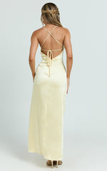 Heidi Maxi Dress - Satin Ruched Bust Tie Back Dress in Lemon
