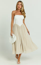 Helen Midi Dress - Drop Waist Strapless Dress in White & Beige