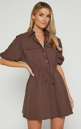 Holly Utility Tie Waist Mini Dress in Chocolate
