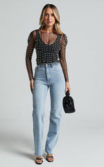 Illiana Top - Pearl Mesh Gathered Long Sleeve Top in Black