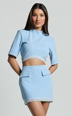 Jaden Two Piece Set - High Neck Crop Top and Pearl Trim Detail Mini Skirt Set in Blue
