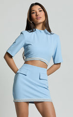 Jaden Two Piece Set - High Neck Crop Top and Pearl Trim Detail Mini Skirt Set in Blue