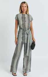 Janette Two Piece Set - Wrap Waist Longline Top and Wide Leg Pant Set in Snake