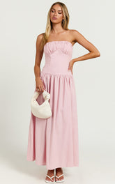 Jerah Midi Dress - Ruched Bust Full Skirt Dress in Pink
