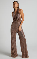 Julien Jumpsuit - Backless Wide Leg Cowl Neck Sequin Jumpsuit in Bronze