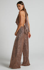 Julien Jumpsuit - Backless Wide Leg Cowl Neck Sequin Jumpsuit in Bronze