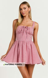 Keegan Mini Dress - Ruched Bust Front Tie Gathered Skirt Dress in Red Gingham