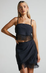 Lassey Mini Skirt - Fringe Trim Wrap Skirt in Black