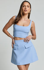 Liliana Two Piece Set - Square Neck Cropped Mini Top And A Line Welt Pocket Mini Skirt in Pale Blue