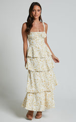 Lorma Midi Dress - Ruched Layered Dress in Yellow