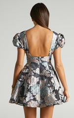 Brailey Jacquard Mini Dress - Puff Sleeve Dress in Sage