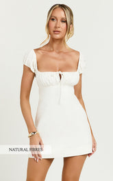 Maddy Mini Dress - Ruched Bust Short Sleeve Dress in White