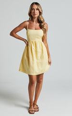 Maira Mini Dress - Linen Strappy Square Neck Waist Shirred Back Dress in Lemon