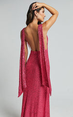 Malisha Maxi Dress - Sequin Cowl Neck Backless Dress in Pink