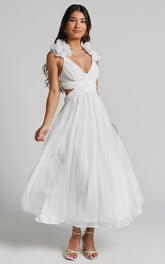 Marielly Midi Dress - Side Cut Out V Neck Ruffle Detail Sleeve Dress in White