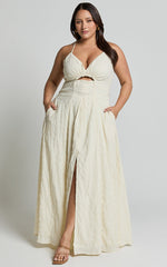 Marisse Maxi Dress - Cut Out Front Split Cross Back Textured Dress in Cream