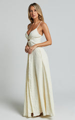 Marisse Maxi Dress - Cut Out Front Split Cross Back Textured Dress in Cream