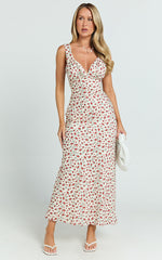 Mauriel Midi Dress - Deep V Gathered Bust Slip Dress in Red Floral