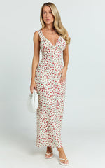 Mauriel Midi Dress - Deep V Gathered Bust Slip Dress in Red Floral