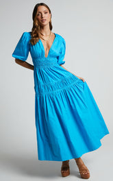 Mellie Midi Dress - Puff Sleeve Plunge Tiered Dress in Blue