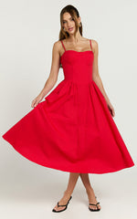 Mhissa Midi Dress - Sweetheart Neck Fit & Flare Dress in Red