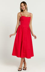 Mhissa Midi Dress - Sweetheart Neck Fit & Flare Dress in Red