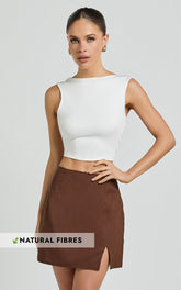 Mindy Mini Skirt - Linen Look A Line Side Split Skirt in Brown