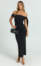 Moira Midi Dress - Off The Shoulder Knot Detailing Dress in Black