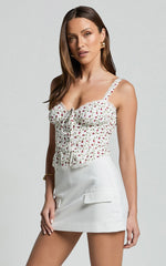 Naya Top - Button Down Tie Front Milk Maid Corset Top in Cream Rose Print