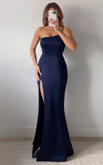 No Ones Fault Midi Dress - One Shoulder Thigh Split Dress in Navy