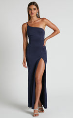 No Ones Fault Midi Dress - One Shoulder Thigh Split Dress in Navy