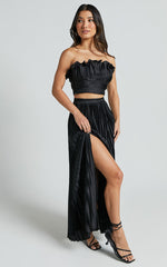 Reign Two Piece Set - Ruffle Crop Top and Thigh Split Midi Skirt in Black